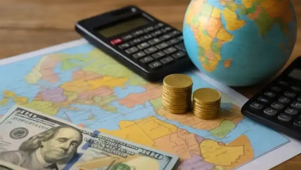 deutsche Investitionen in Afrika mit Globus, Geldscheinen, Münzen und Karte – Chancen und Risiken im Überblick.